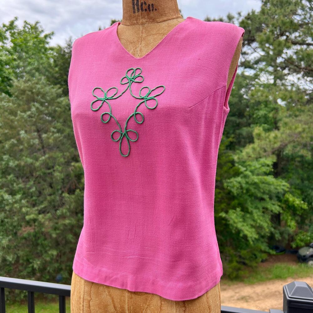 Vintage 60s Hot Pink Chainstitch Embroidered Sleeveless Top S